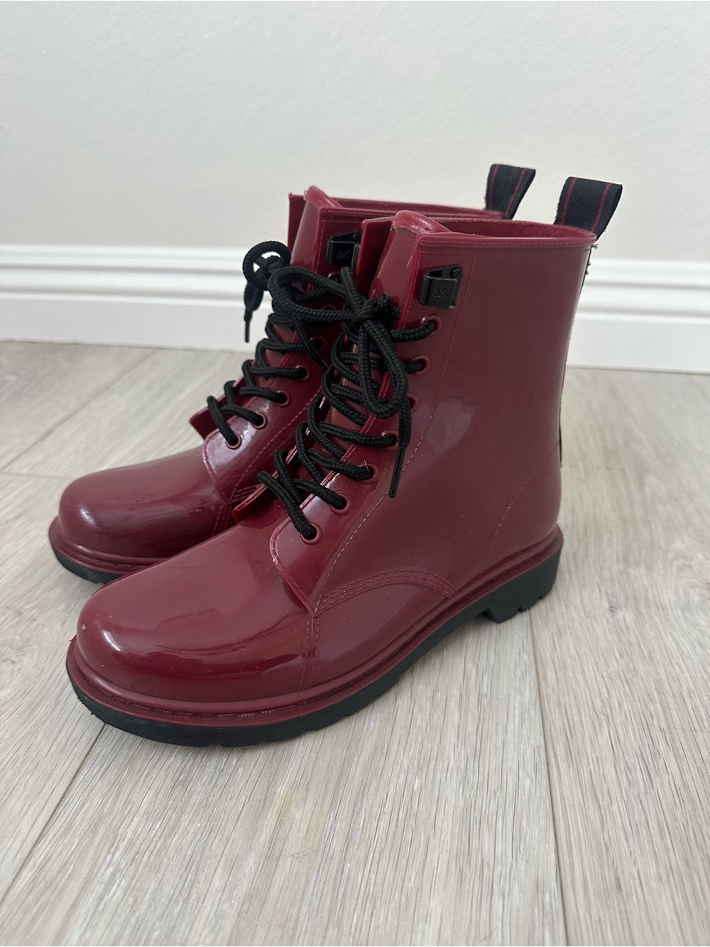 Michael Kors Burgundy Patent Lace-Up Combat Boots